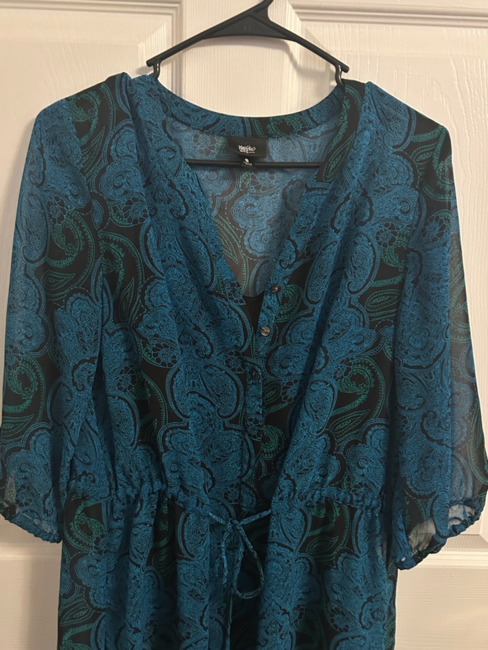Wassio Teal and Black Paisley V-Neck Tie-Waist Tunic
